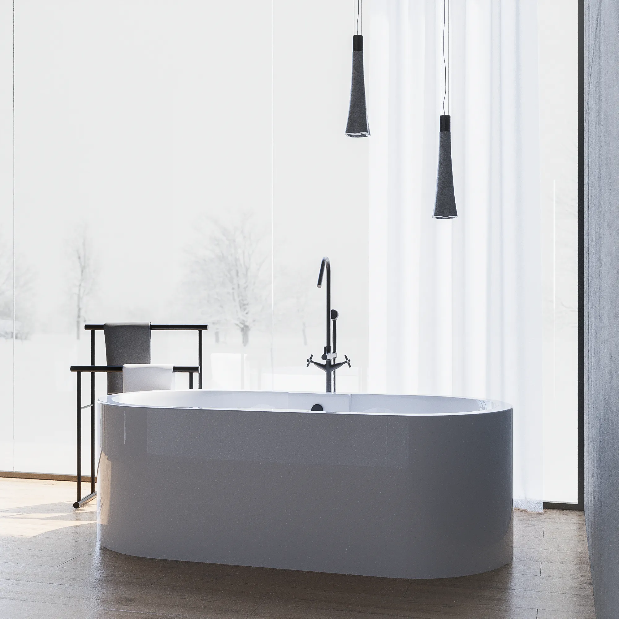 Detailrendering einer freistehenden Badewanne mit Standarmatur und Beistelltisch