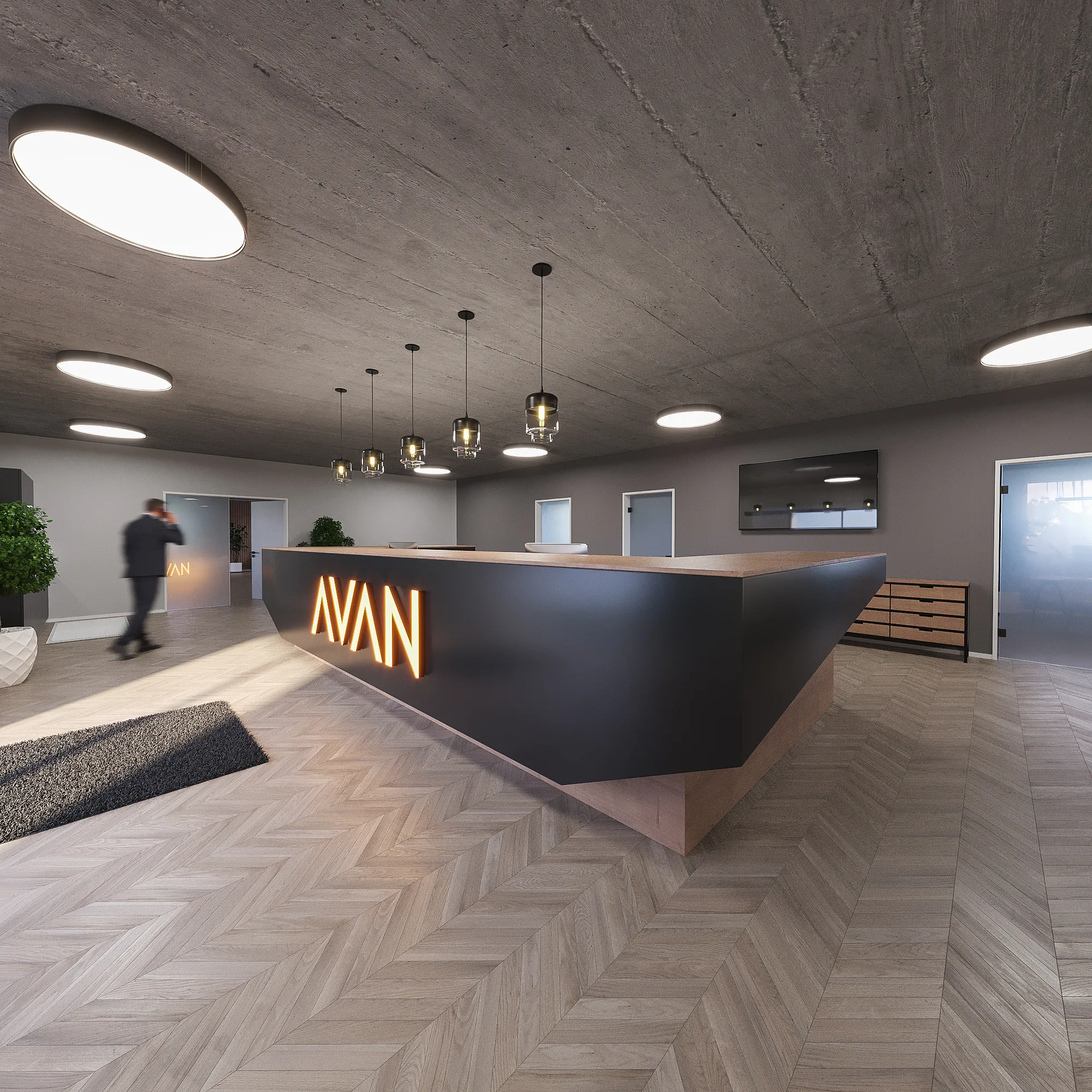 3D-Rendering einer Firmenlobby mit dunklem Empfangstresen, Fischgrätparkett und Pendelleuchten