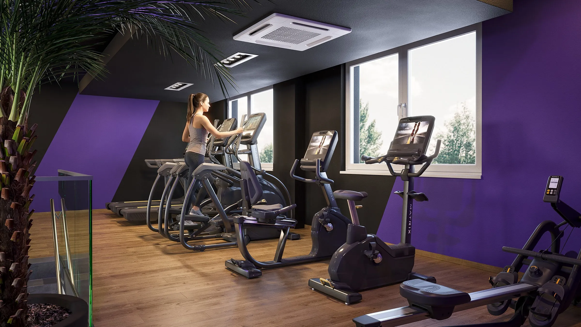 3D-Rendering einer Cardio-Zone mit Laufbändern, Crosstrainern und violetter Akzentwand vor großen Fenstern