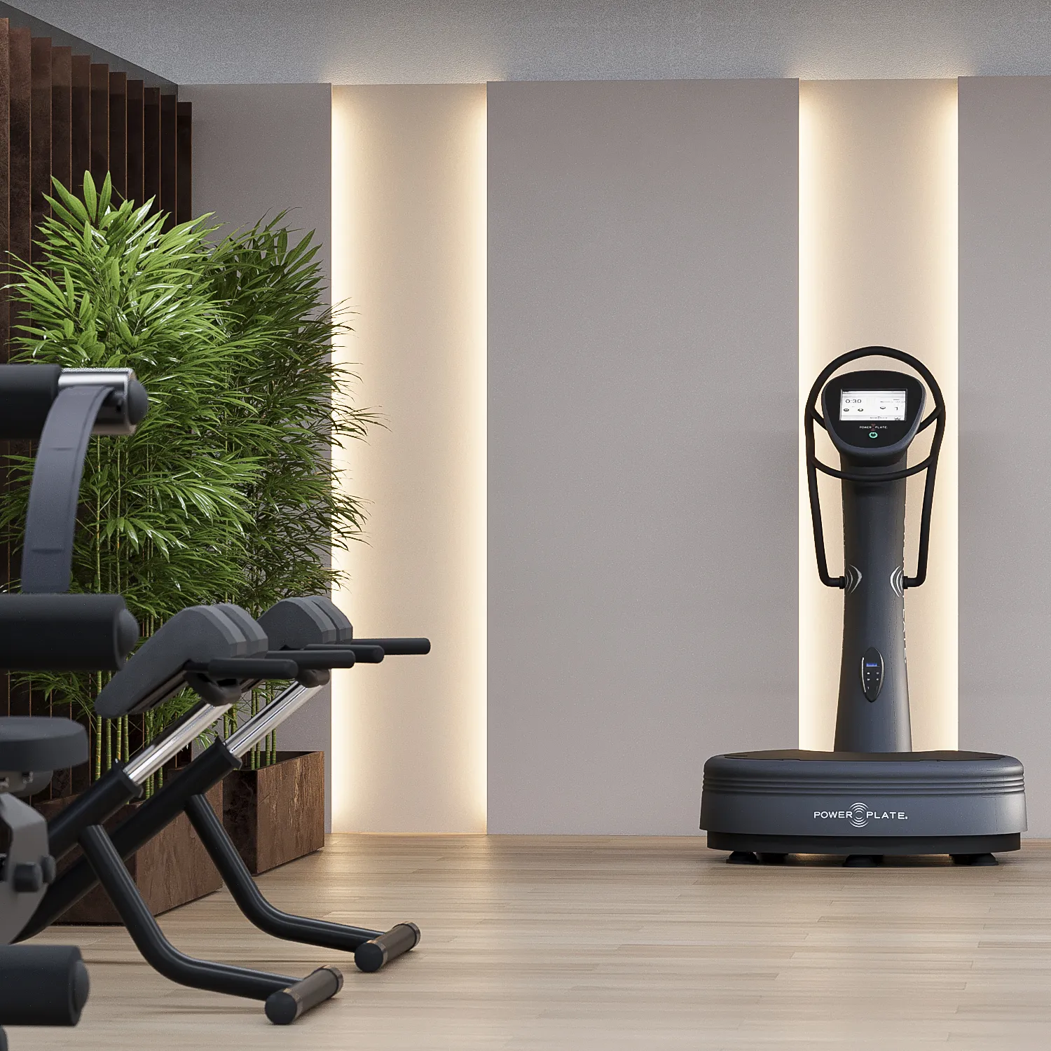 3D-Rendering eines Trainingsraums mit Power Plate, Pflanzenwand und indirekter Beleuchtung