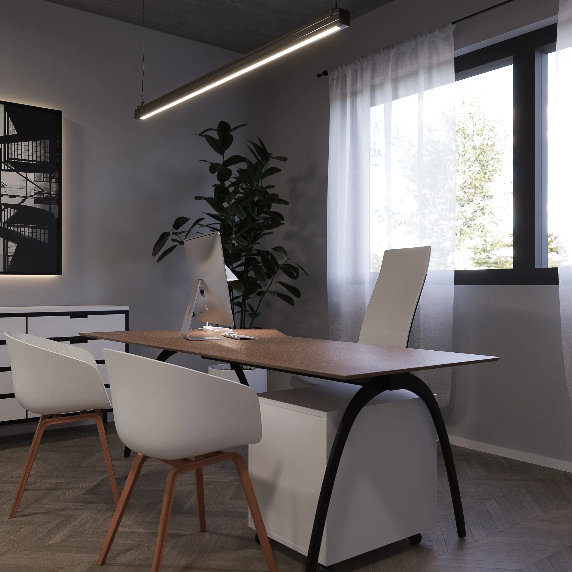 Innenvisualisierung eines Homeoffice mit Schreibtisch, weißen Stühlen und Pflanze am Fenster