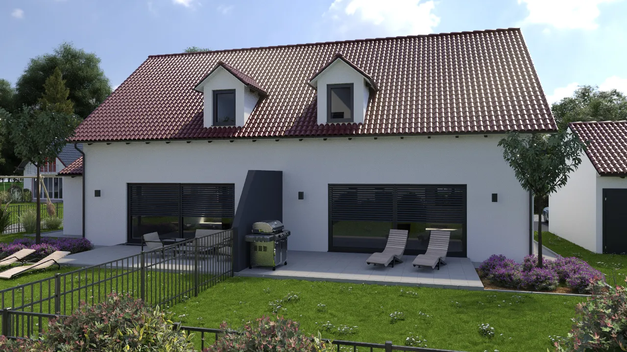 Außenvisualisierung eines Einfamilienhauses mit rotem Ziegeldach, Terrasse und Garten