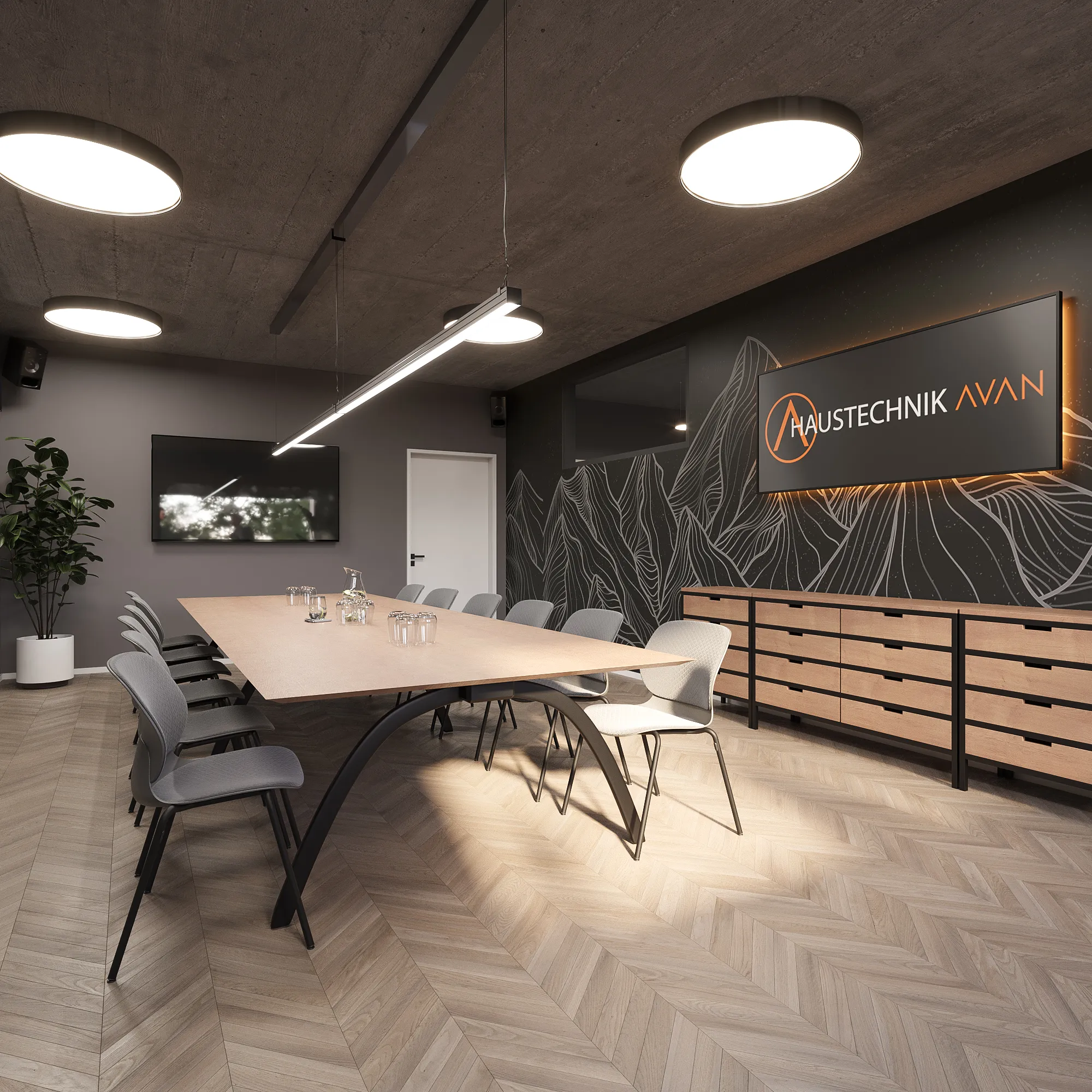 3D-Visualisierung eines Besprechungsraums mit langem Holztisch, Sideboard und Wandgrafik