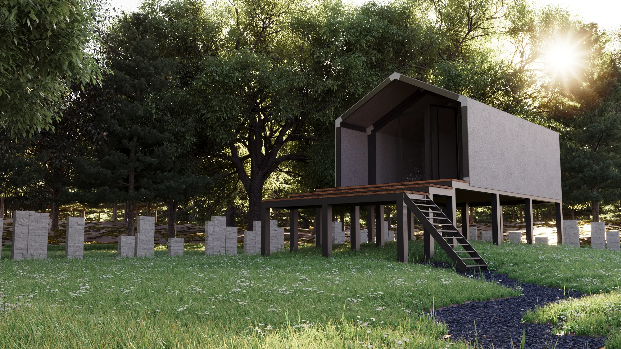 Außenvisualisierung eines Tiny Houses auf Stelzen mit Treppe in einer Waldlichtung im Abendlicht